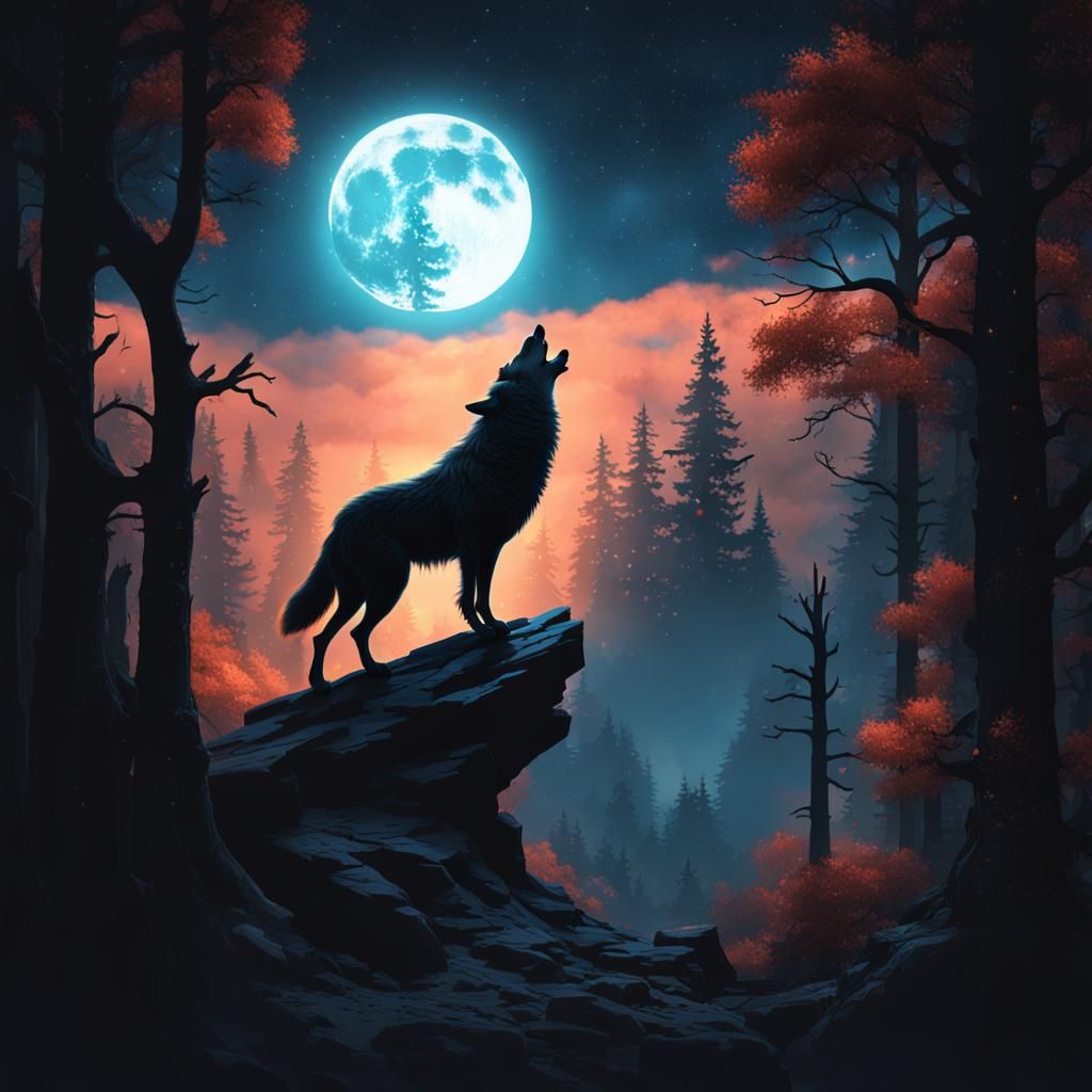 Magical Wolf Howling at Moon in Forest