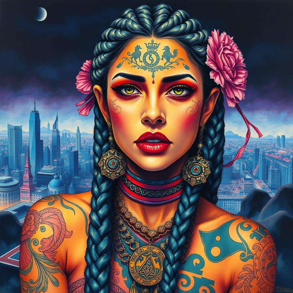 Tattooed Latina in Dystopian City: Watercolor Impasto Portra...