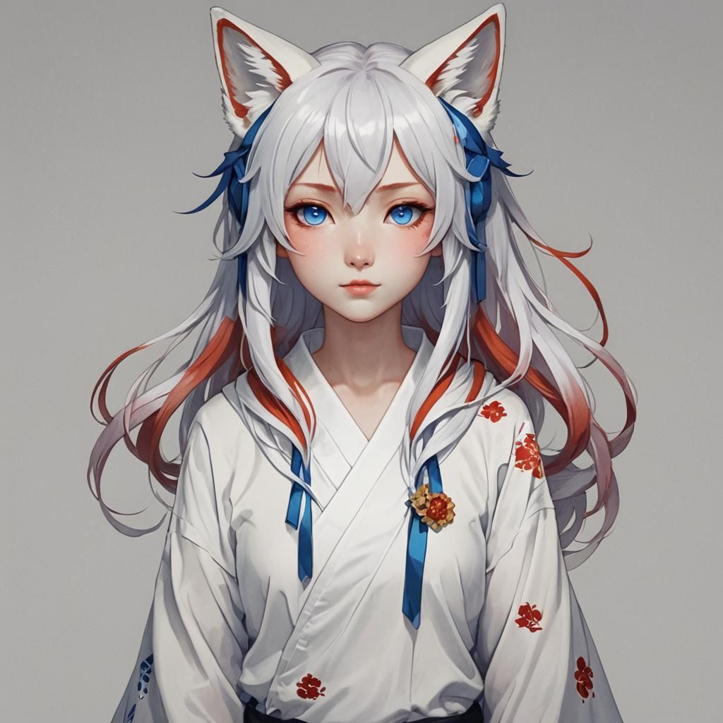 Captivating Kitsune Portrait with Red and White Hair