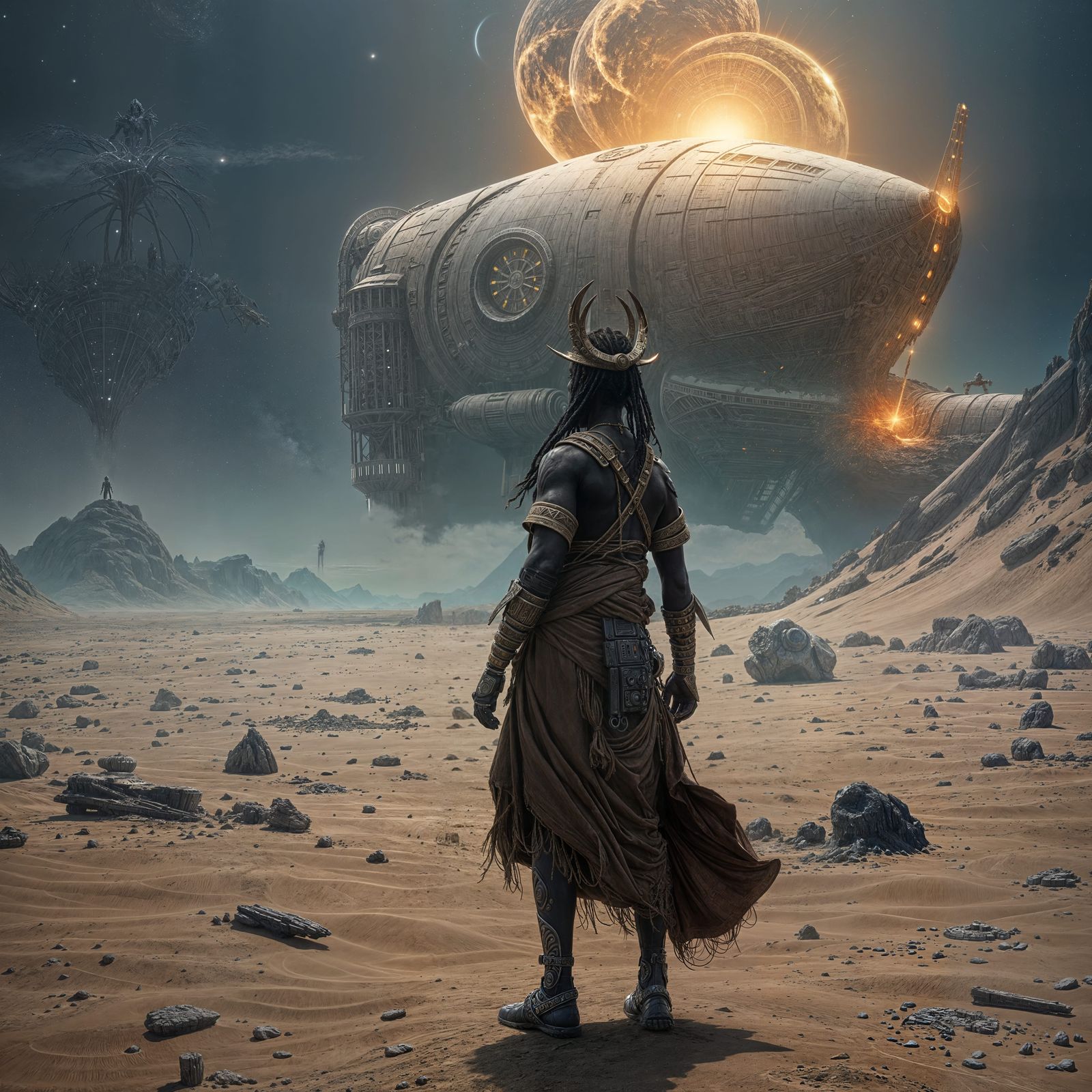 Cyberpunk African Warrior on Alien Planet