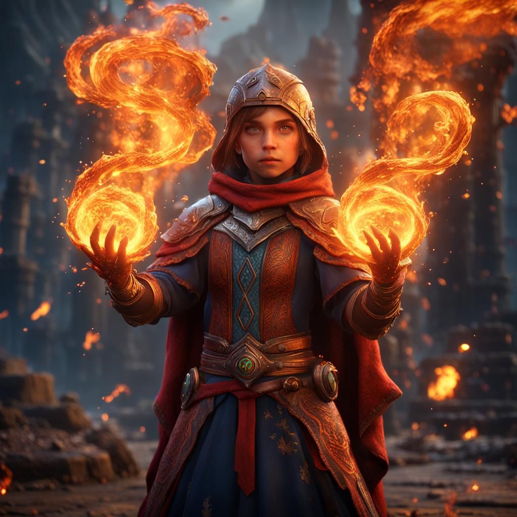 Fiery Child Fantasy Art in Detailed Painting Style