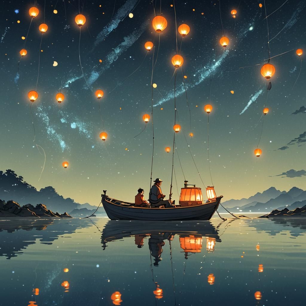 Fishing Boat at Night: Anime Cel-Shaded Style