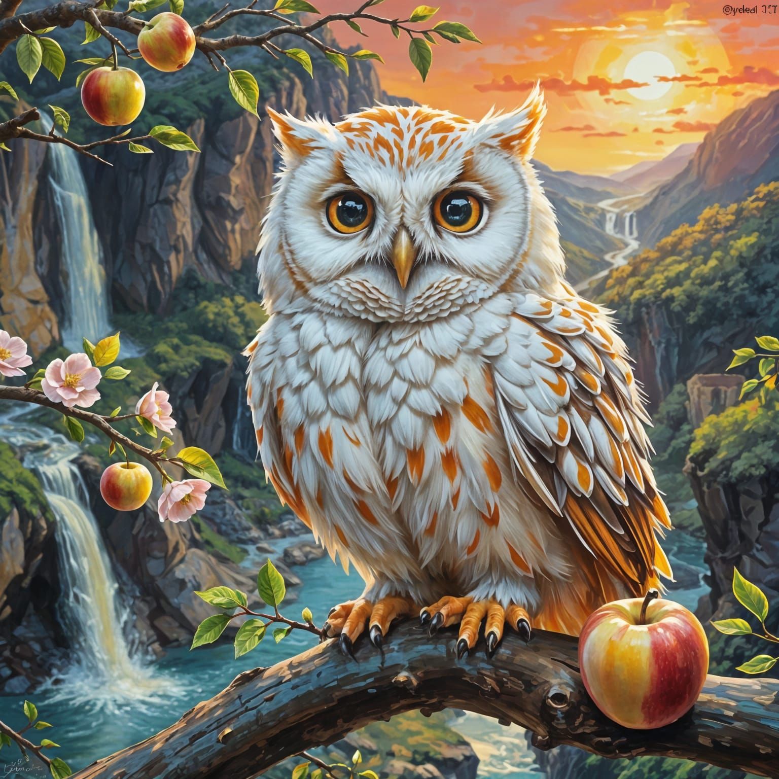 Whimsical Owl in Apple Tree, Fauvism Oil Painting