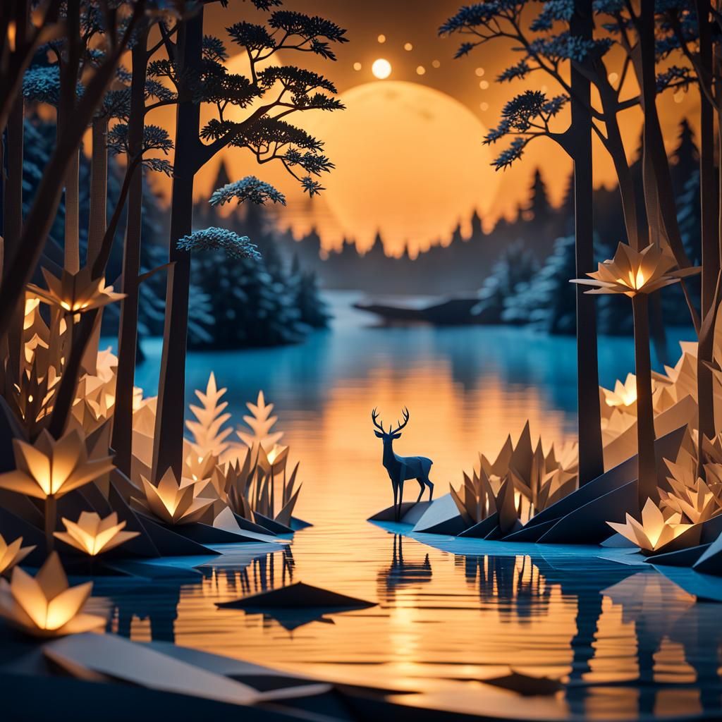 Blue Origami Deer at Midnight Lake