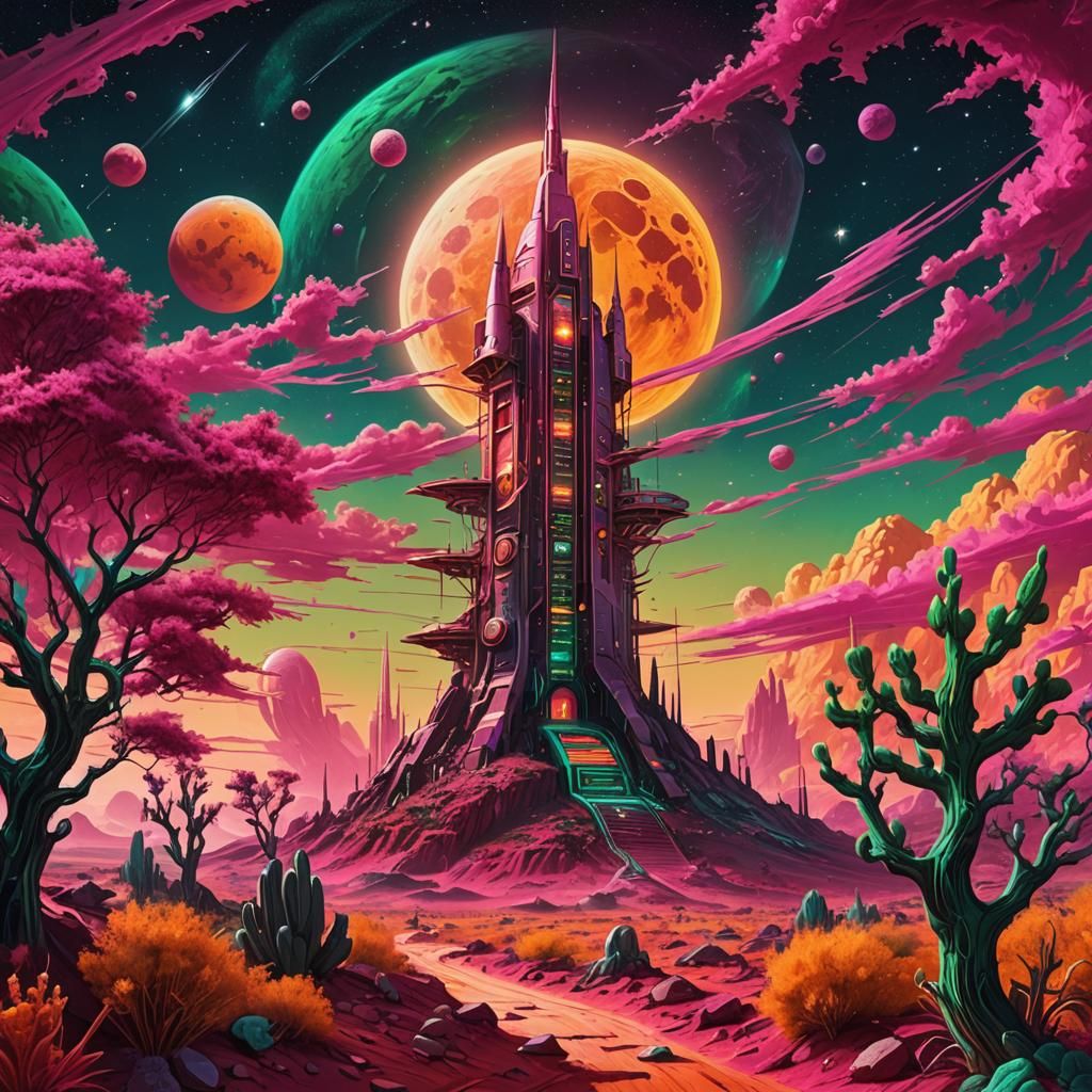 Spaceship Over Red Planet in Cosmic Style