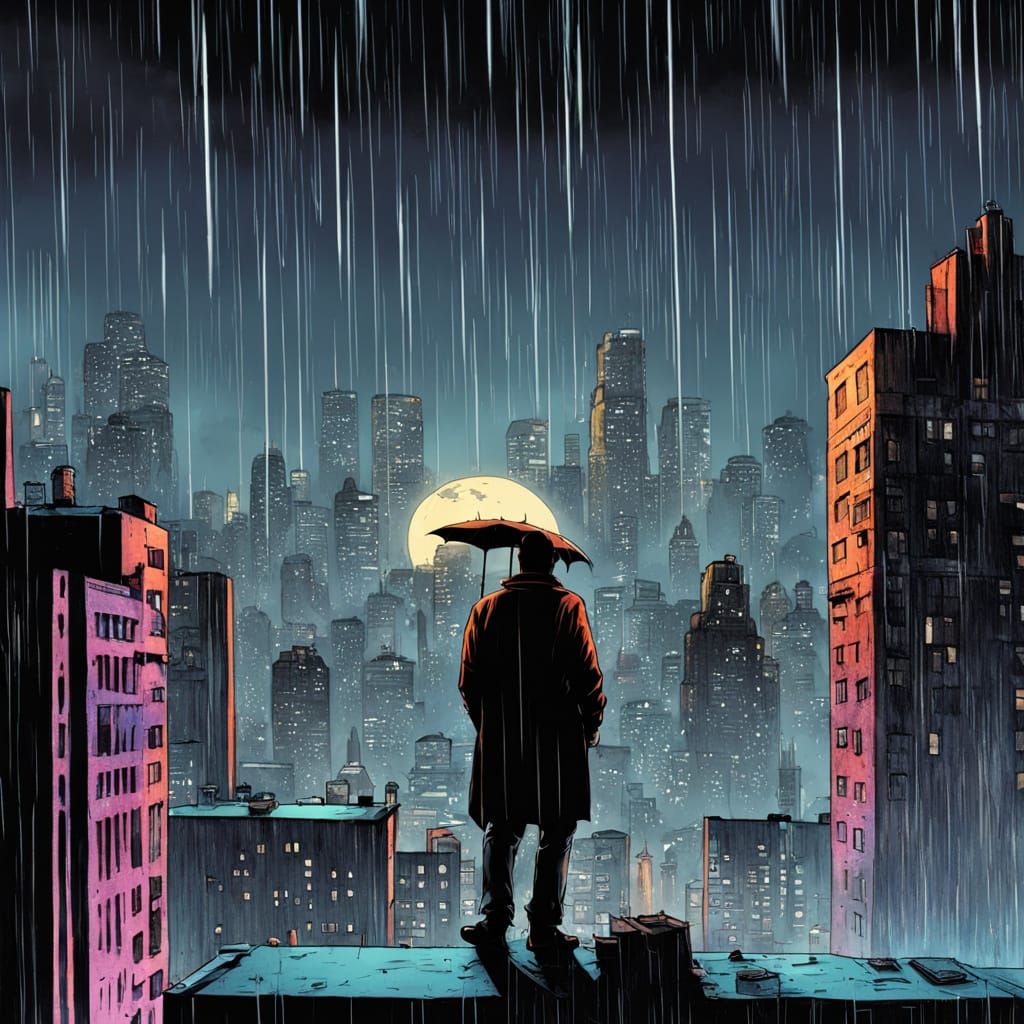 Fan Silhouetted in Neon Gotham City, Comic Art Style