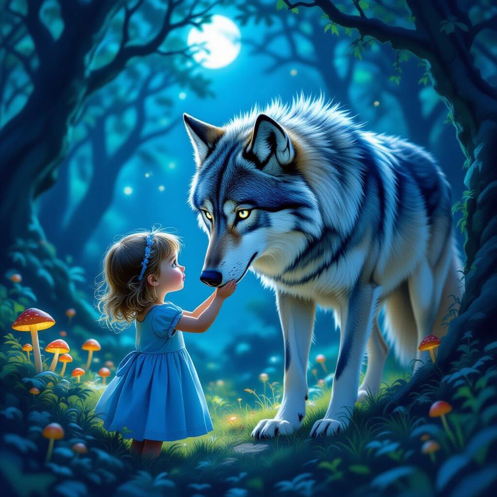 Girl Gently Petting Wolf in Moonlit Fairytale Forest