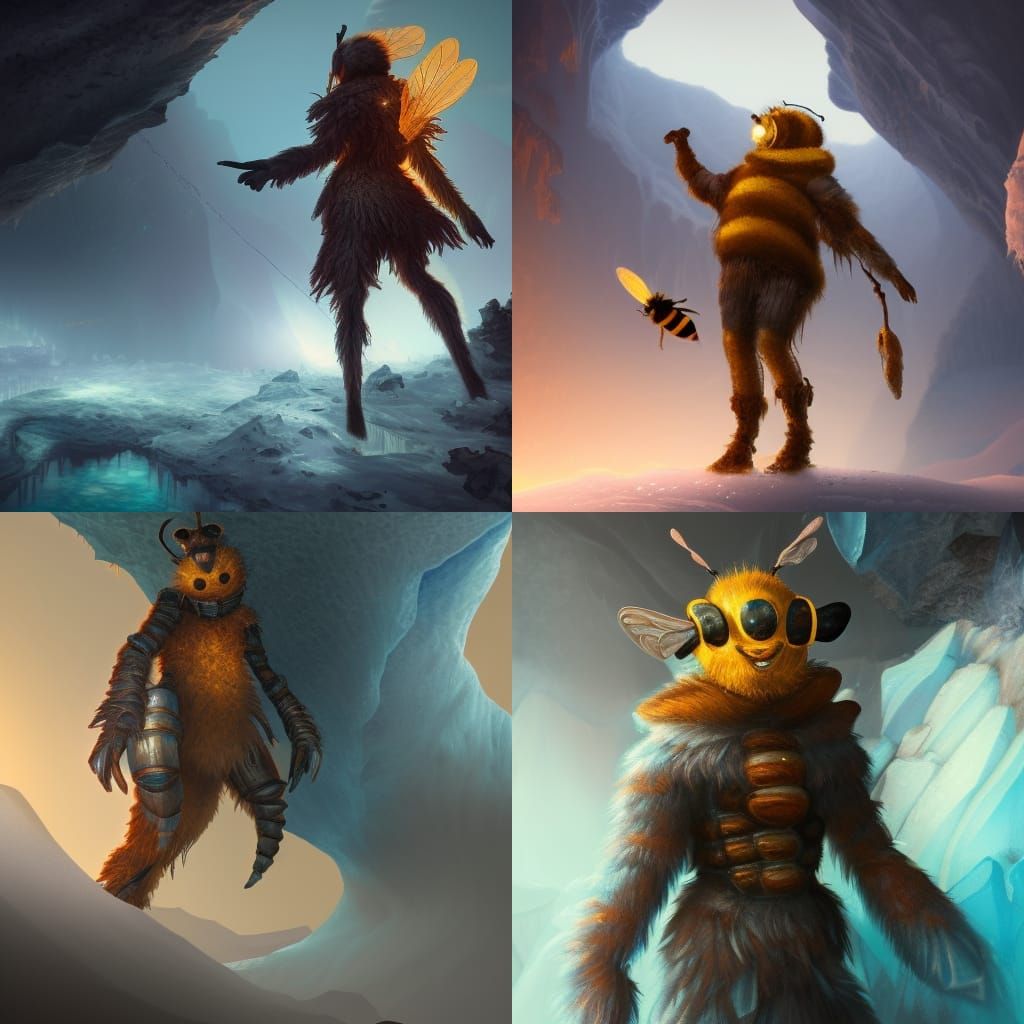 Bee Person in Ice Cave: Detailed Matte Painting