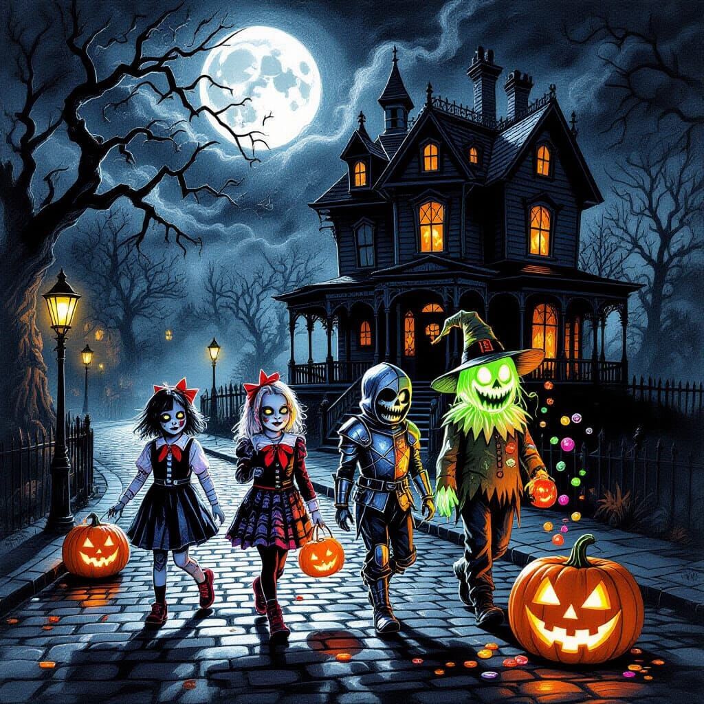 Eerie Halloween Night with Costumed Trick-or-Treaters