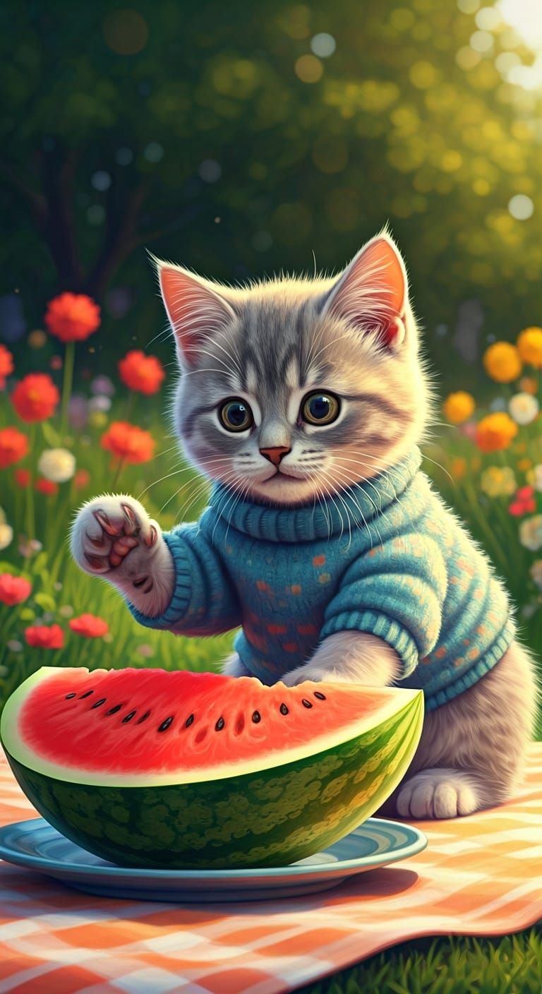 Curious Kitten and Watermelon in Folk Art Style