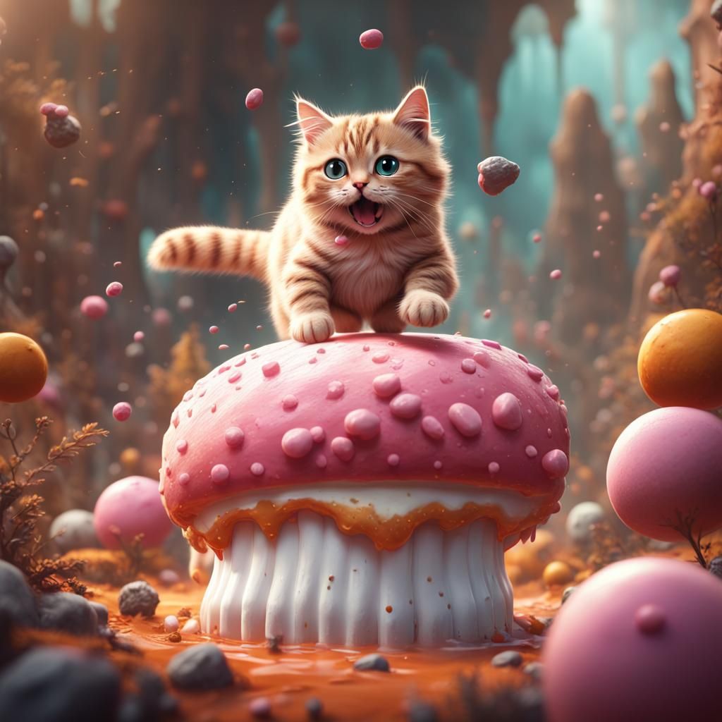 Cute Cat Leaping onto Marshmallow: Fantasy Concept Art