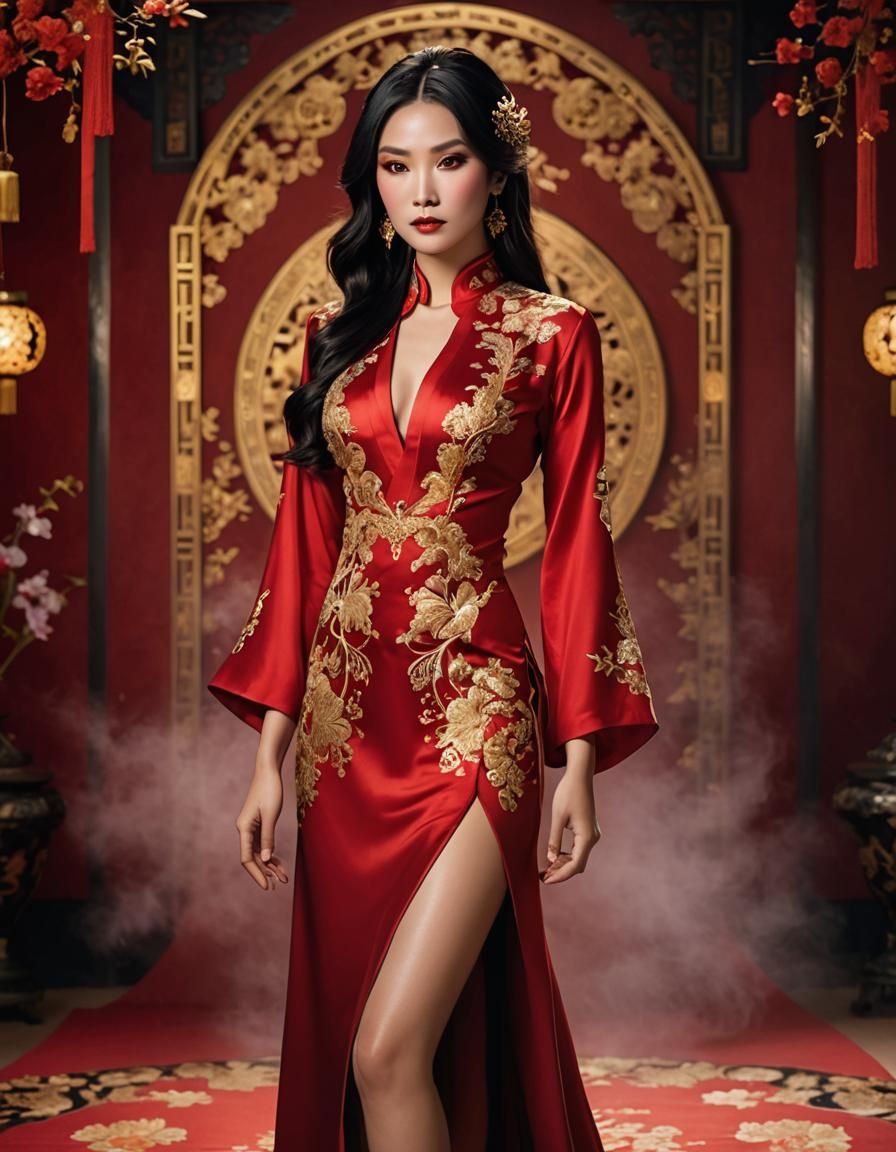Woman in Red Cheongsam, Art Nouveau Digital Portrait