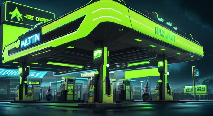 Futuristic Alien Gas Station with Neon Green Suits