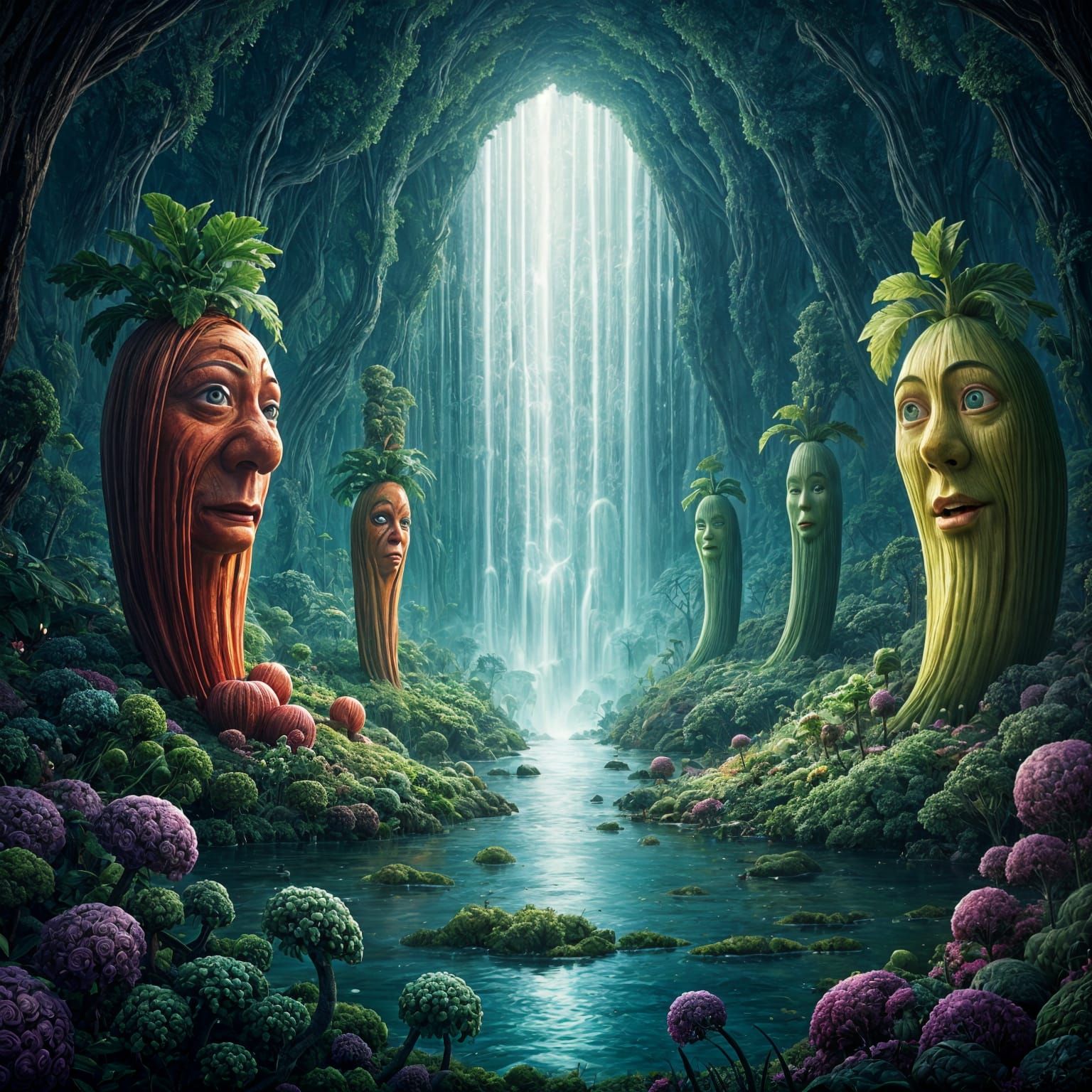 Surreal Vegetable Character Landscape in Detailed Matte Pain...
