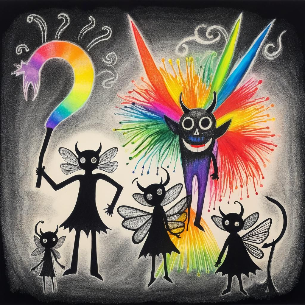 Surreal Child's Drawing: Friendly Demon and Fairy