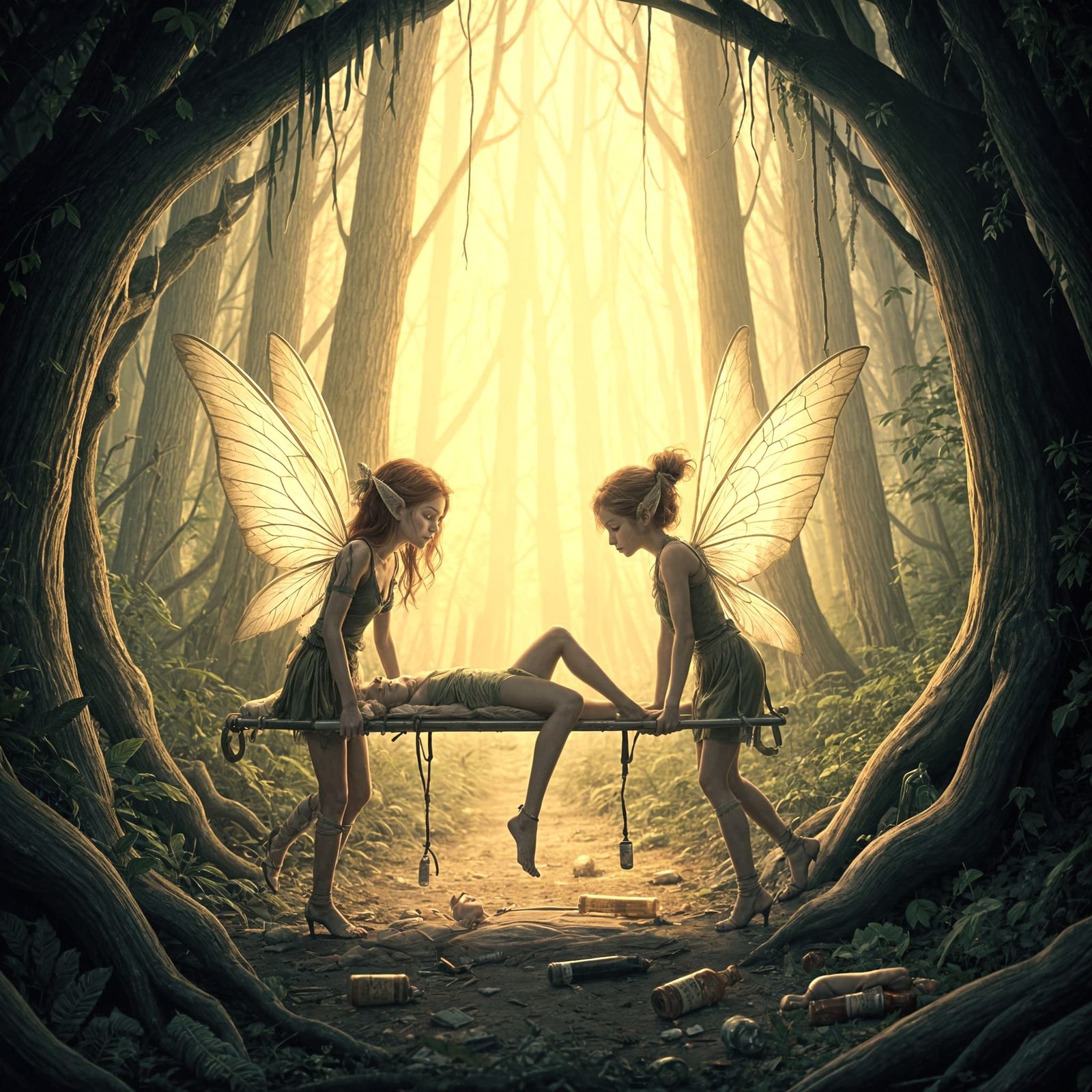 Fairy in Surreal Fantasy Forest after a Night of Excess