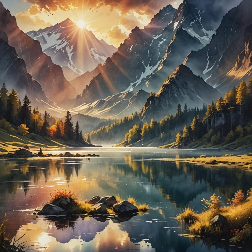 Sunlit Mountain Lake at Sunrise: Watercolor Painting