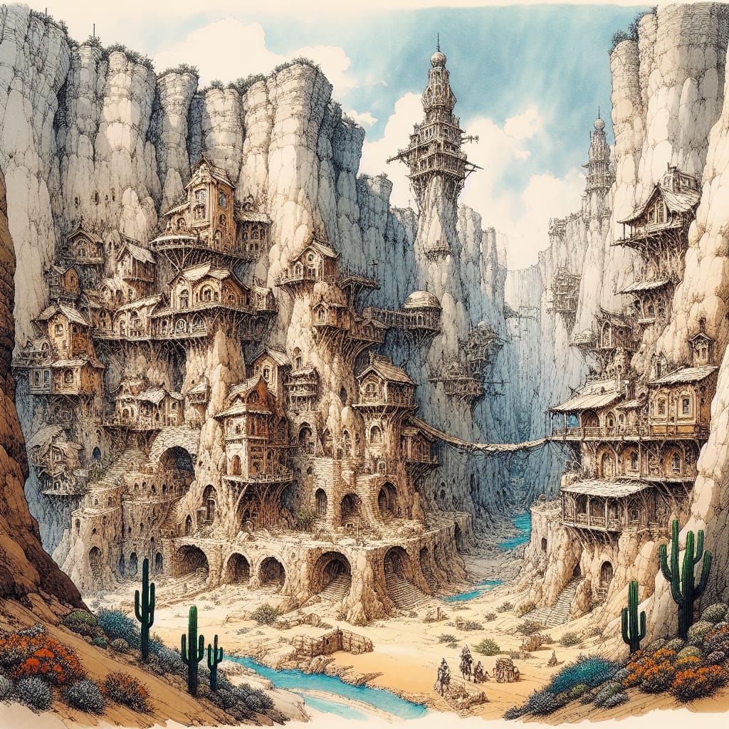 Fantasy Desert Canyon Village in Anime Style