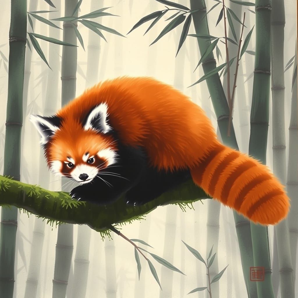 Red Panda in Misty Bamboo Forest Painting