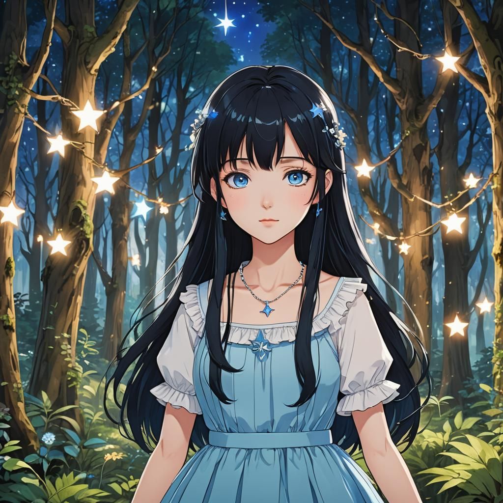 Anime Character in Magical Forest with Glowing Lights