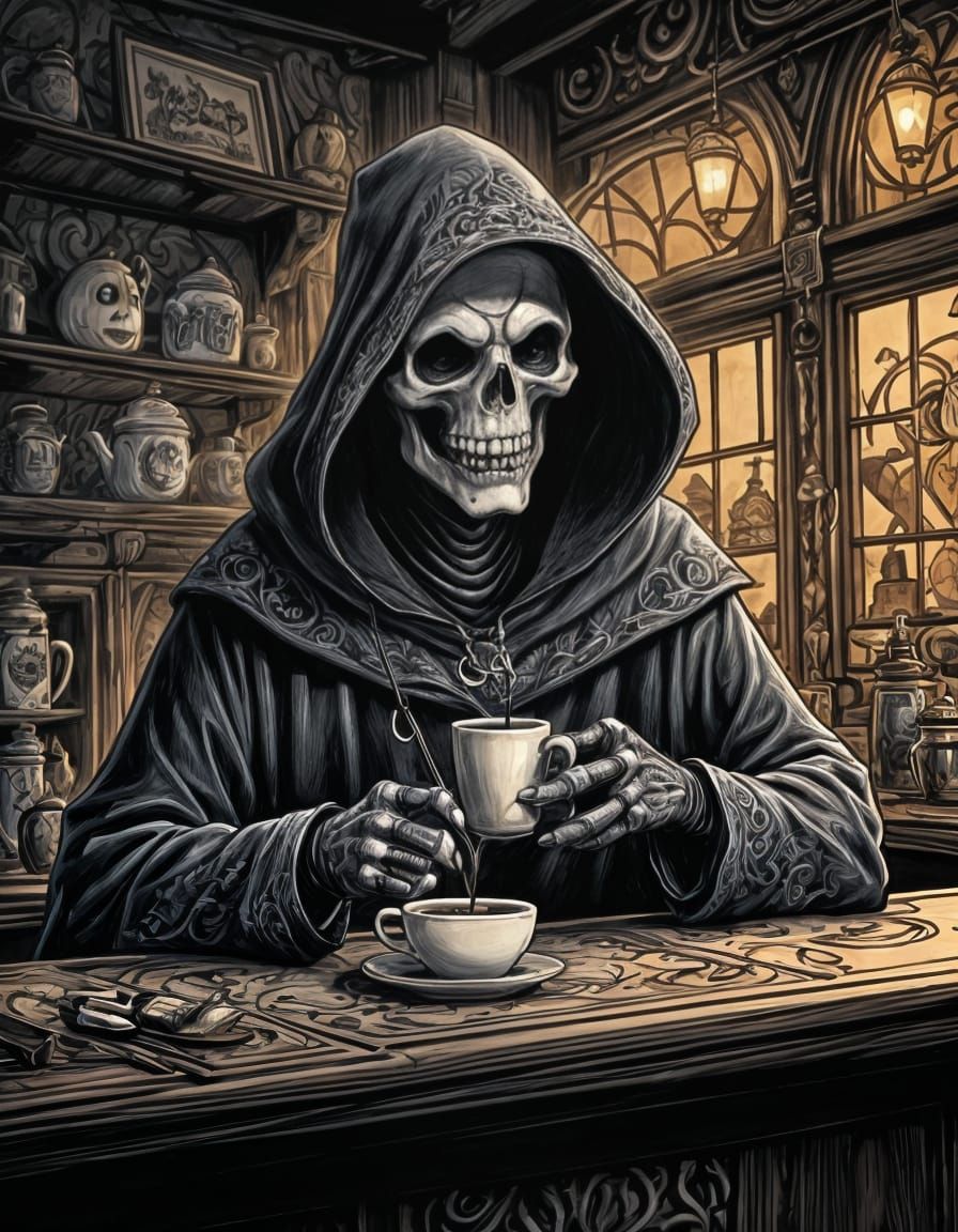 Disney Grim Reaper Drinks Coffee: Hand-drawn Illustration