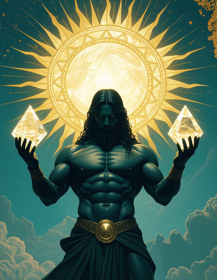 Divine Warrior With Crystal Pyramids Under Golden Sun