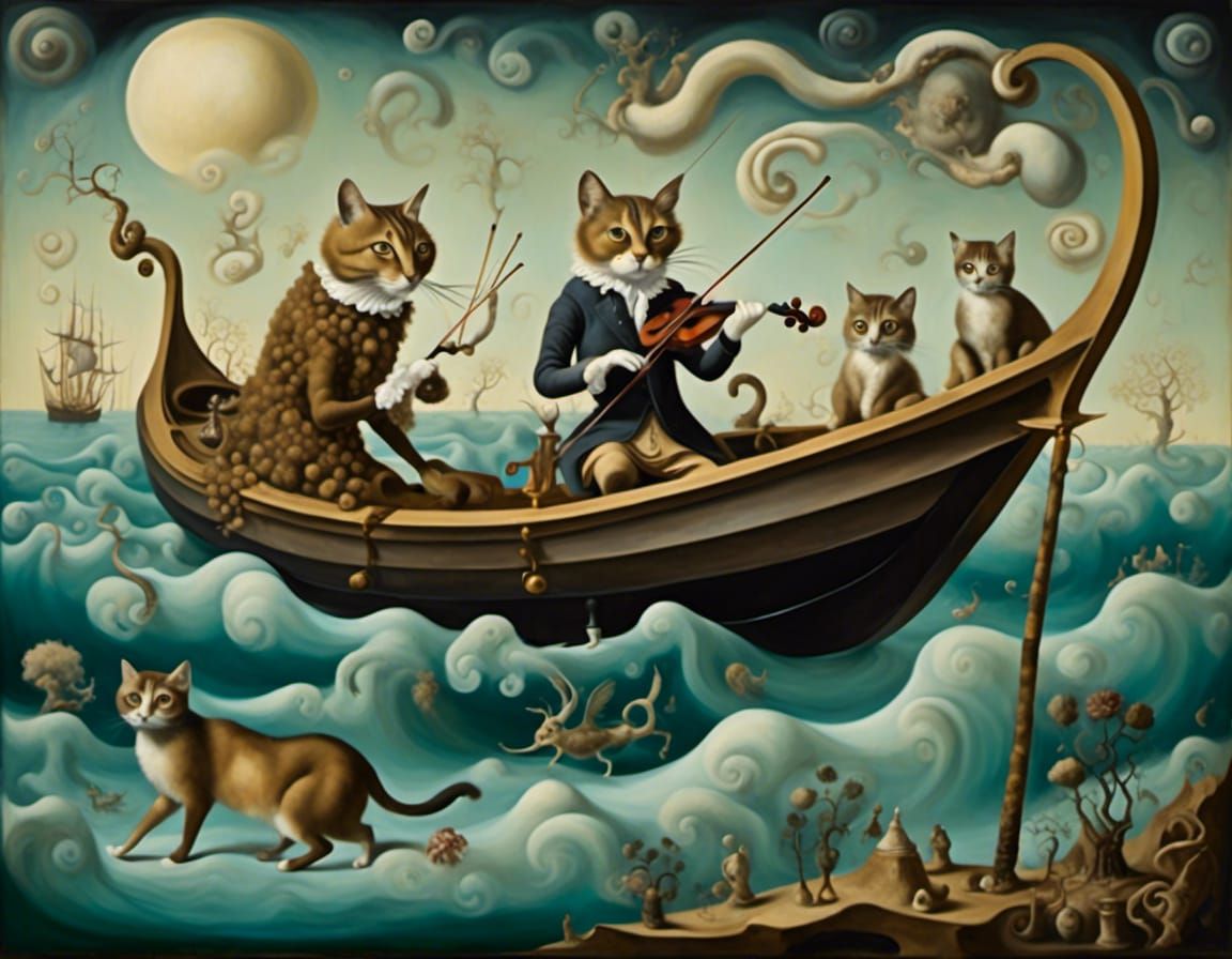 Cat on Violin Boat in Surreal Ink Wash