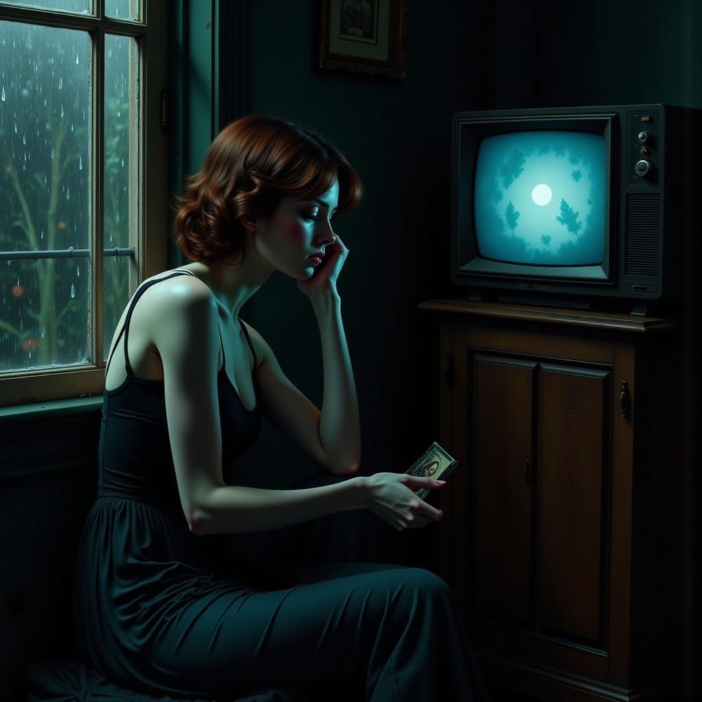 Melancholy Woman by Rain Streaked Window