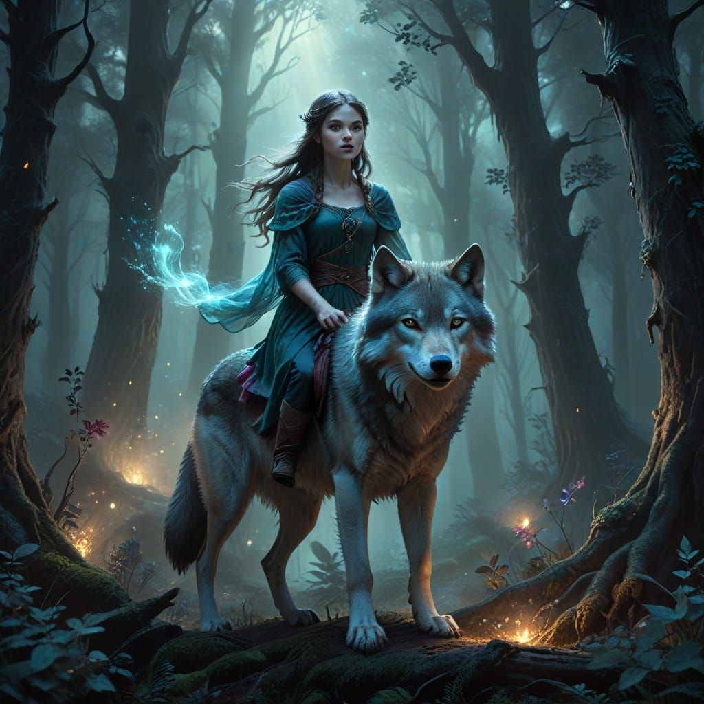 Girl Rides Wolf Through Mystical Forest in Dark Fantasy Art