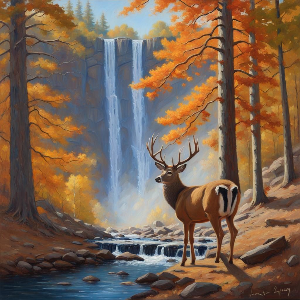 pine trees behind a water fall blue sky deer standing in fal...