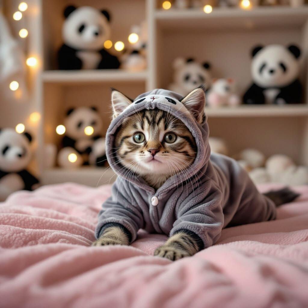 Adorable Kitten in Panda Pajamas Stretches on Pink Blanket