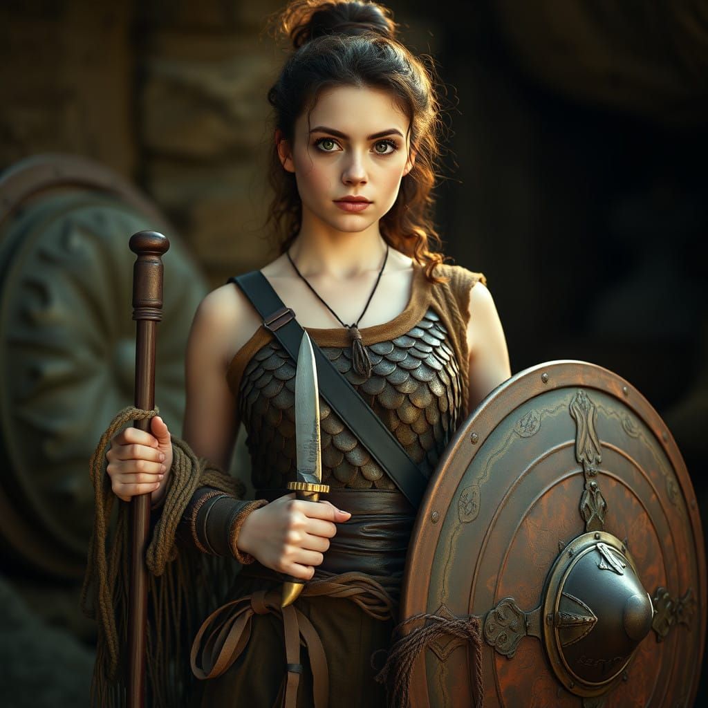 Elegant Hunter in Earthy Armor Stands Ready as a Cinematic F...