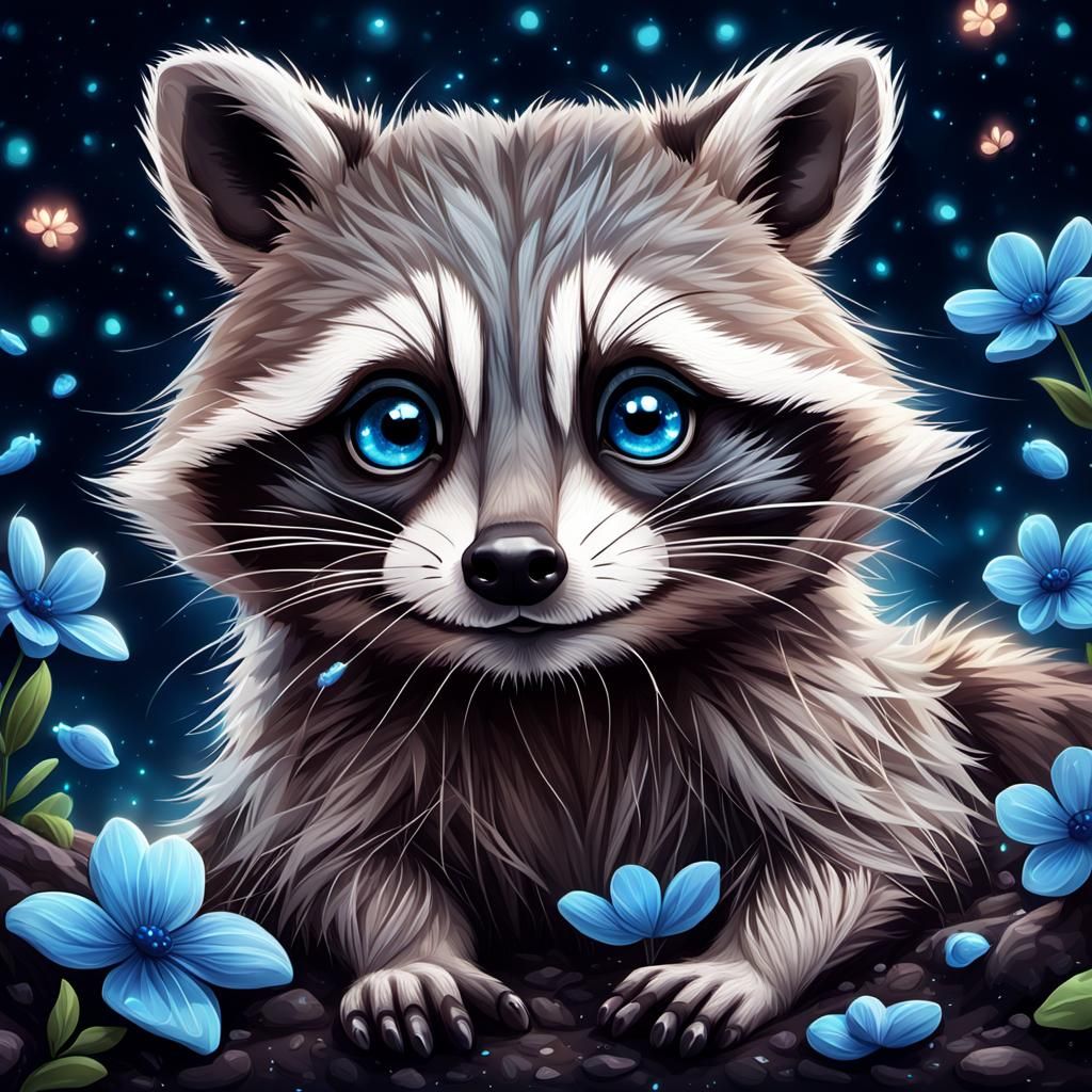 Adorable Raccoon with Fireflies in Digital Art