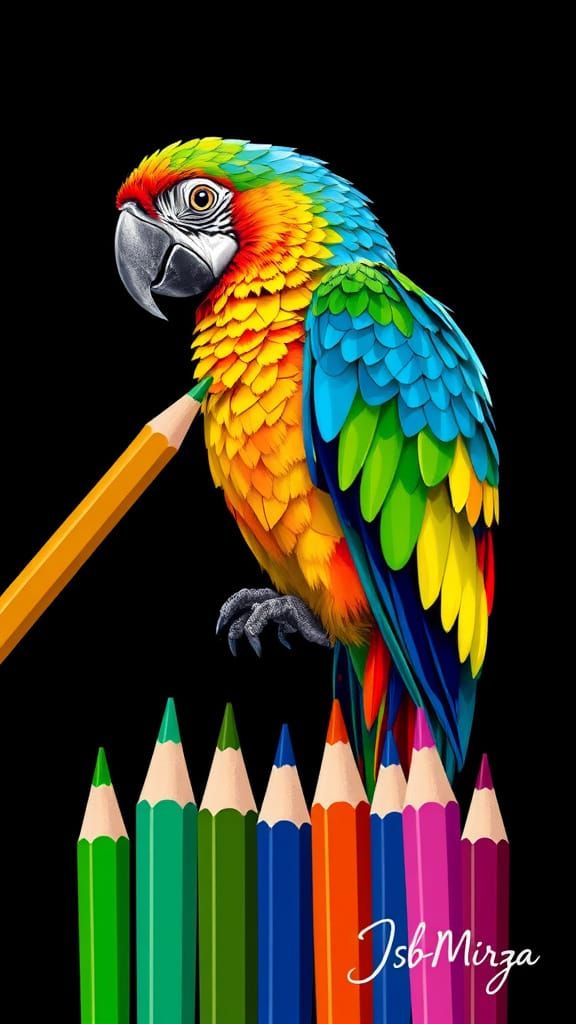 Vibrant Mosaic Parrot with Realistic Hand Drawing in Clean V...