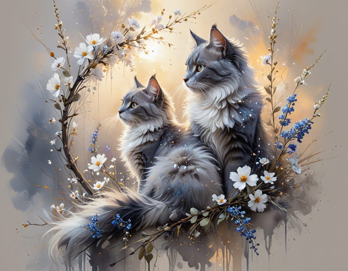 Angora Cat on Flower Branch in Watercolor