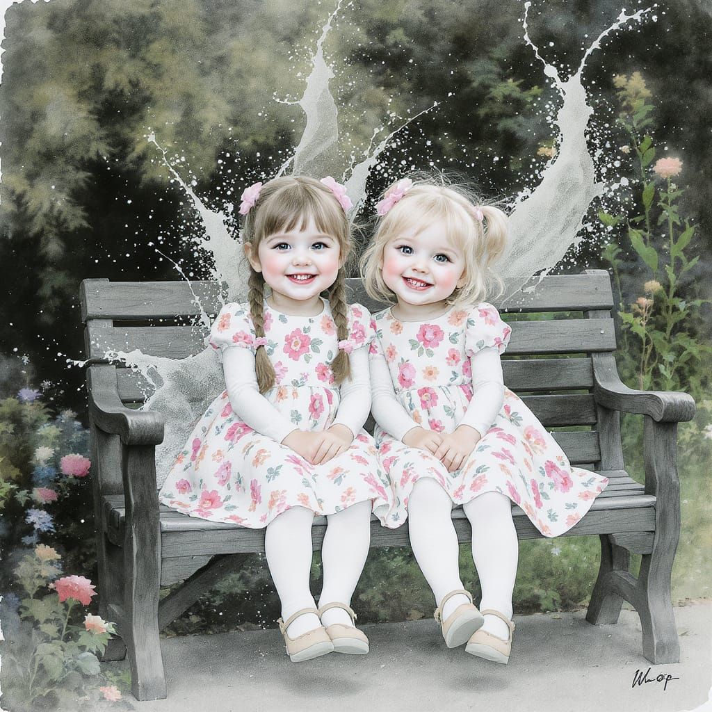 Girls in Garden as Stylized Watercolour Art