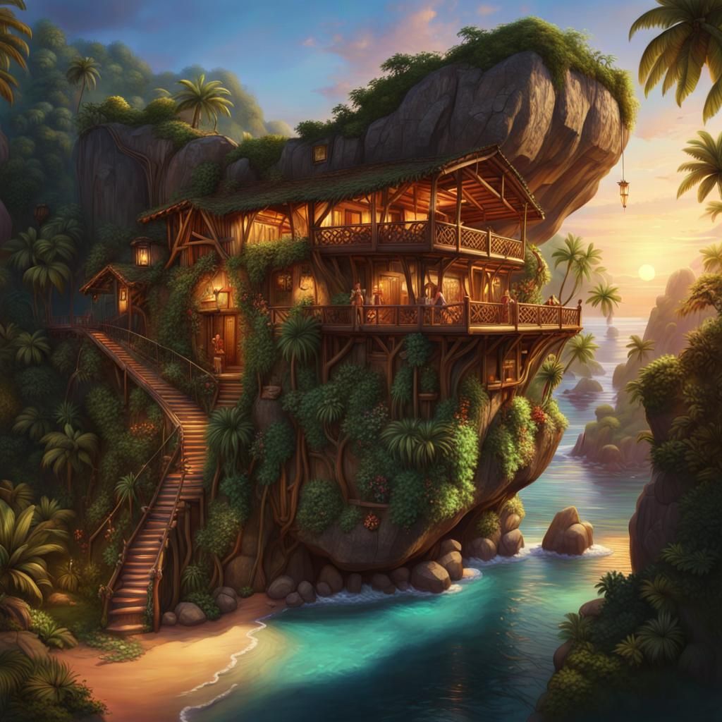 Tropical Cliffside Hideout with Hanging Bridge