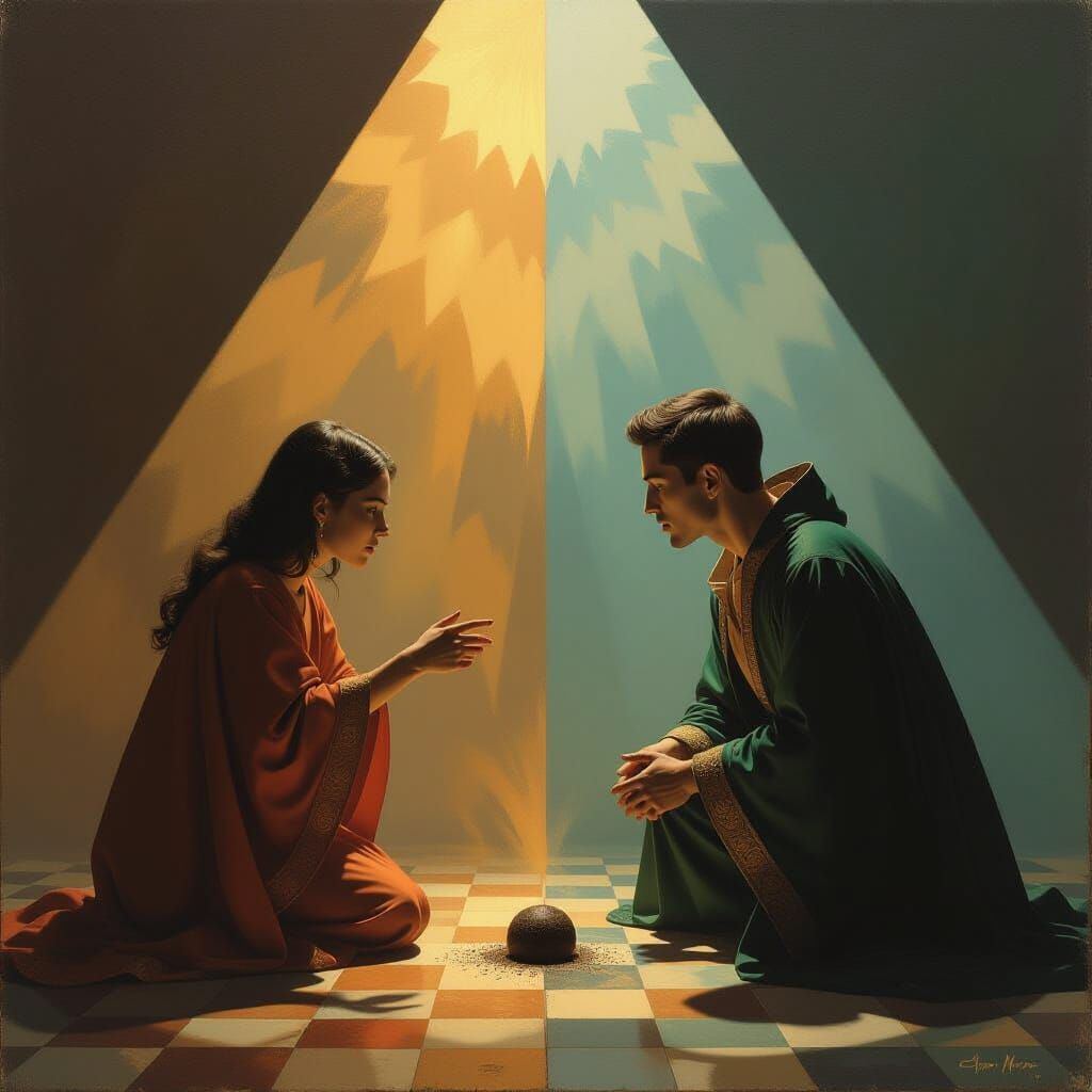 Renaissance-Style Oil Painting of Absurd Conflict Over a Mol...