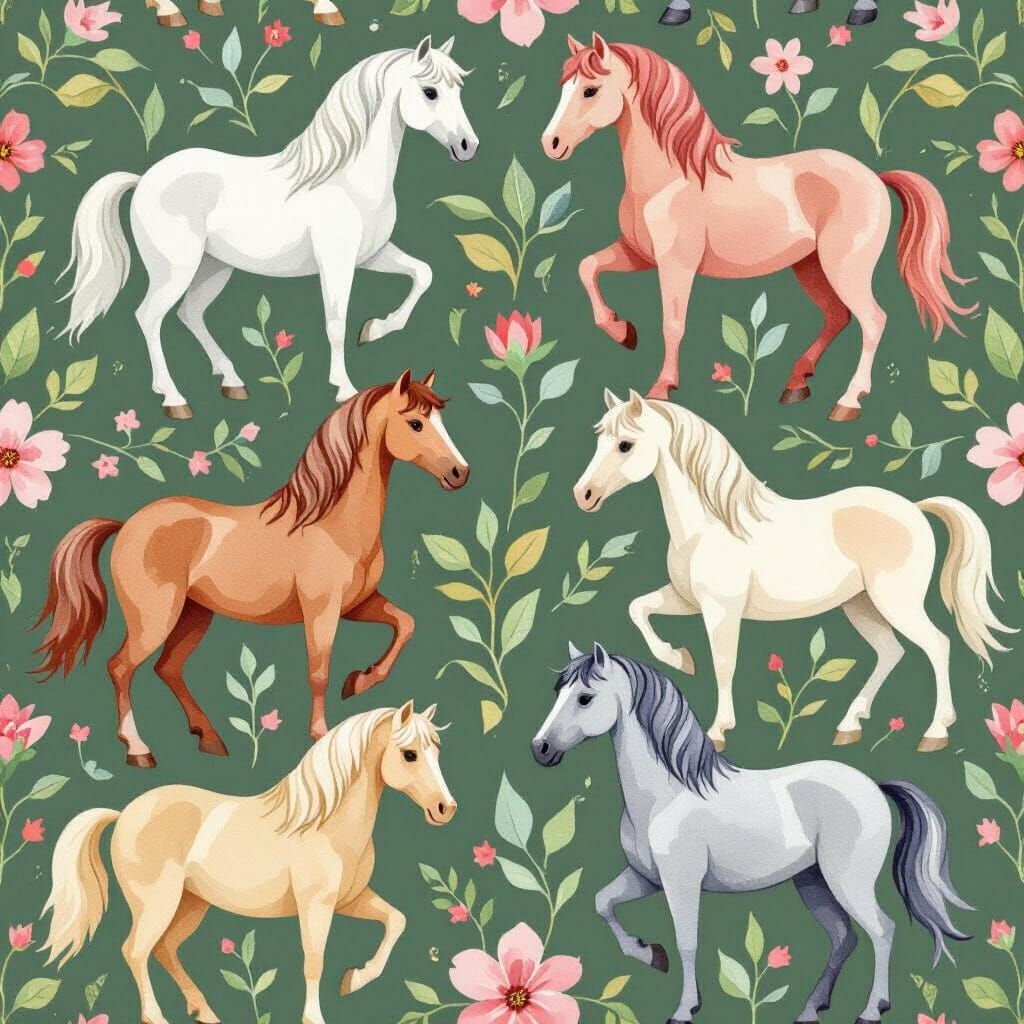 Seamless Watercolor Horse Pattern in Whimsical Clipart Style