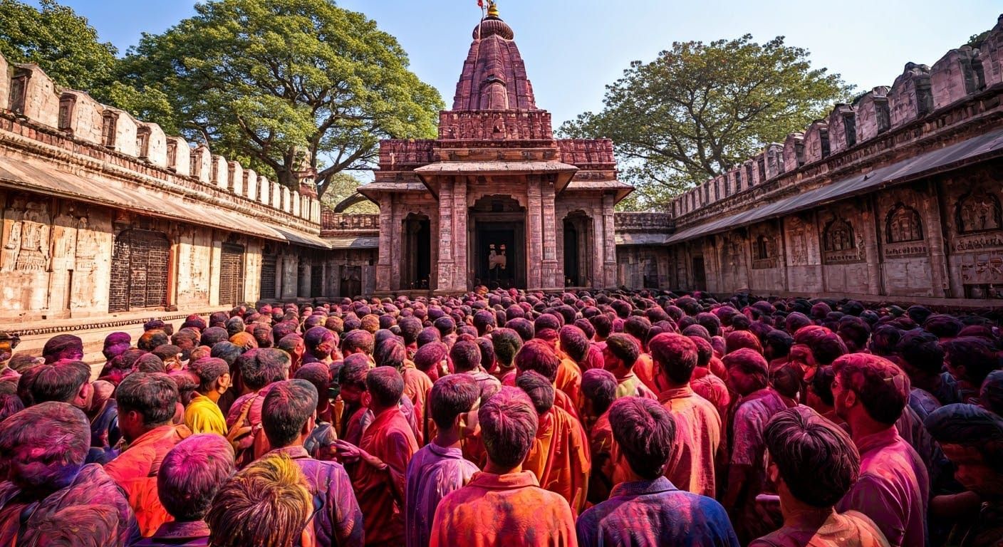 Vibrant Holi Celebration in Ancient Indian Temple