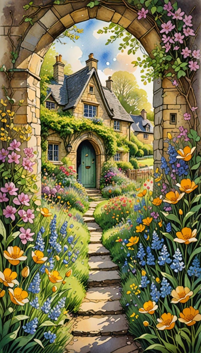 Whimsical Cotswold Doorway in Springtime Watercolour Art