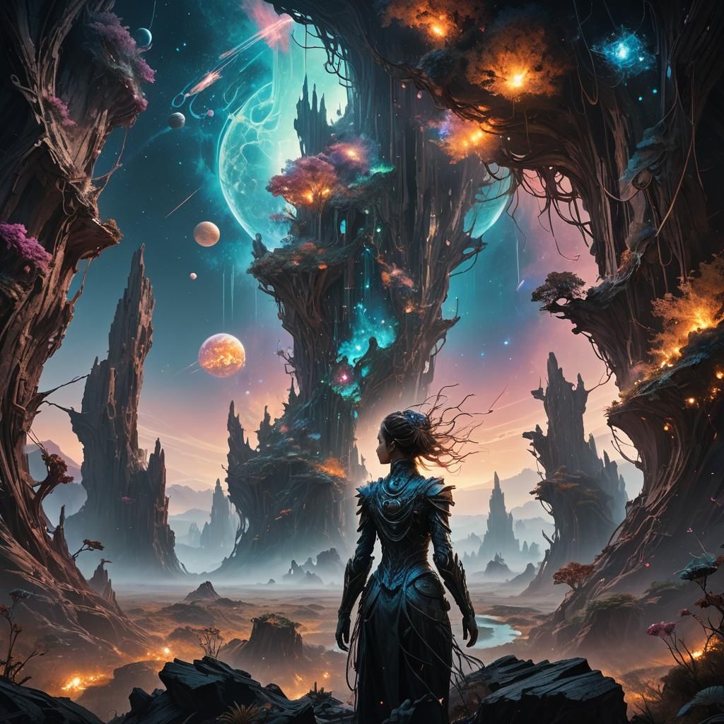 Ethereal Cosmic Landscape with Crystalline Structures