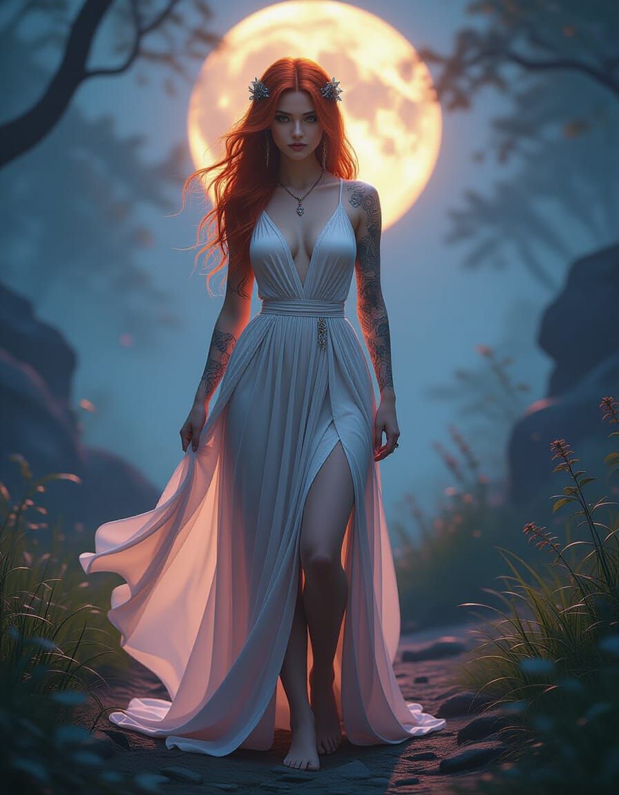 Redhead in Gown, Dark Fantasy Nightscape