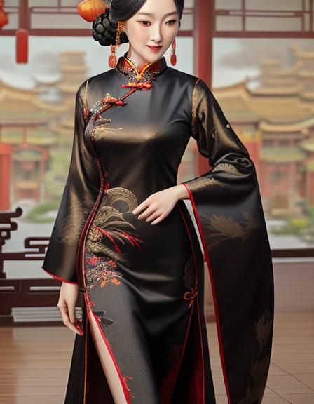 Beautiful Woman in Embroidered Qipao Dress