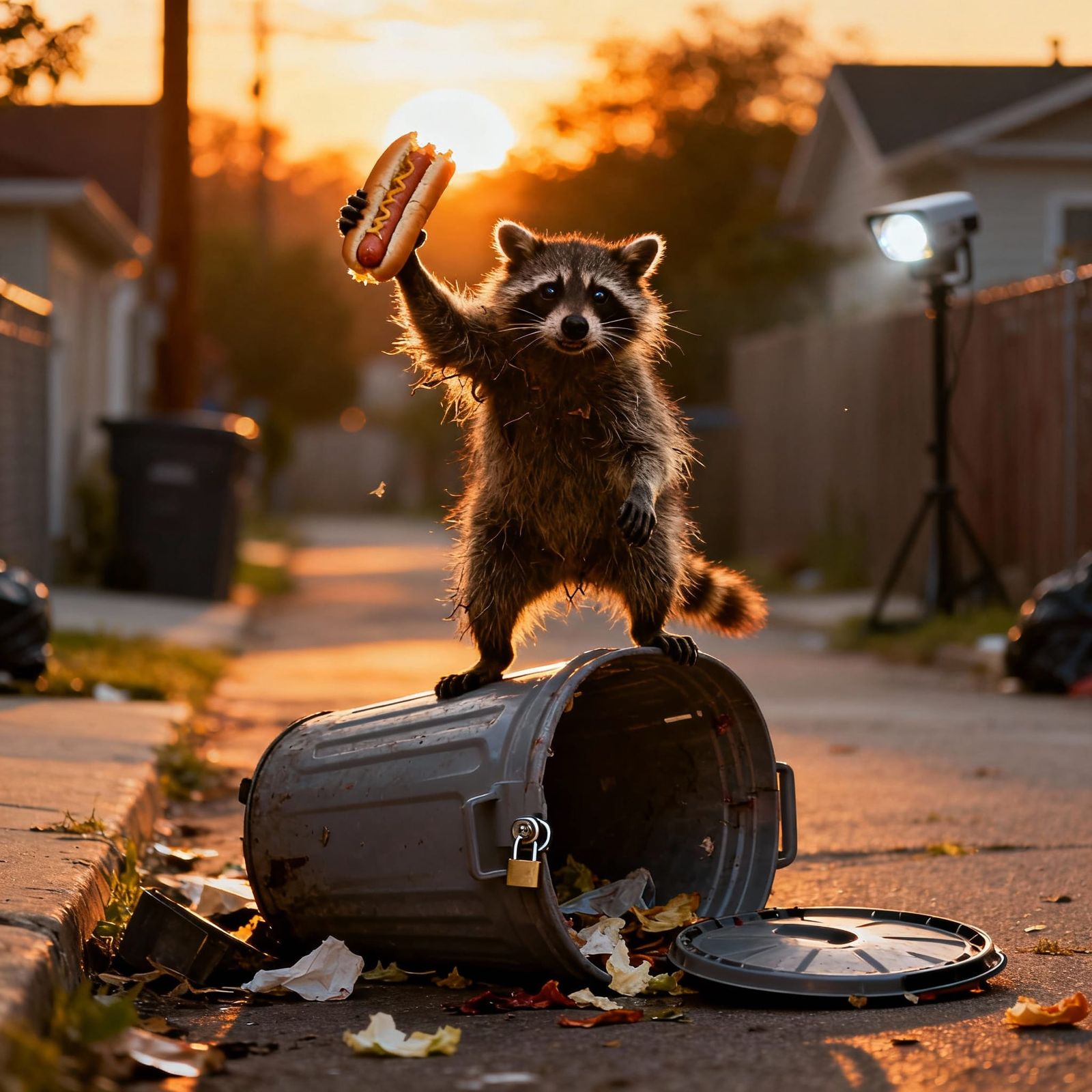 Triumphant Raccoon Claims Hot Dog Victory at Sunset