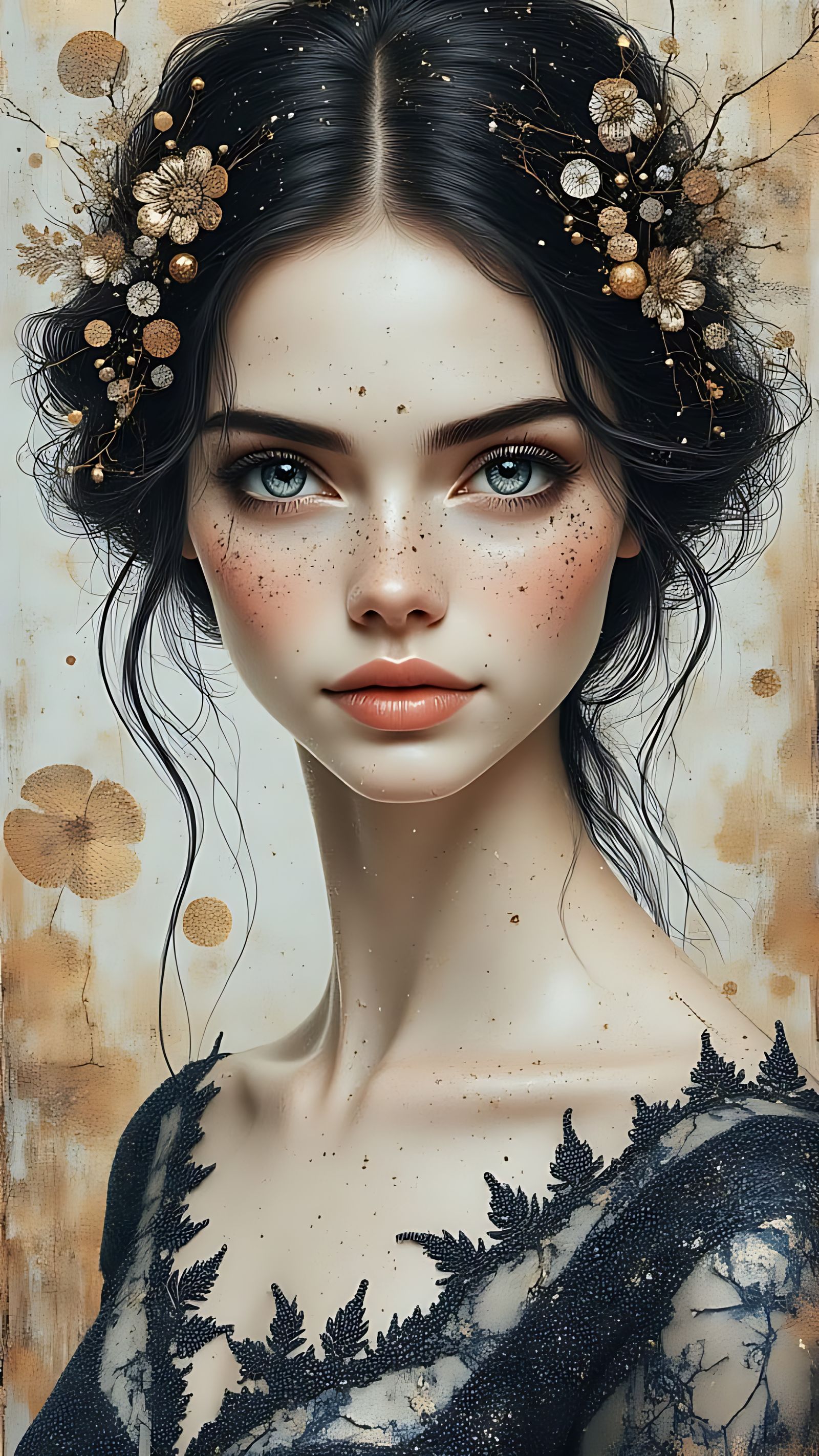 Ethereal Portrait in Art Nouveau Style with Watercolor Textu...