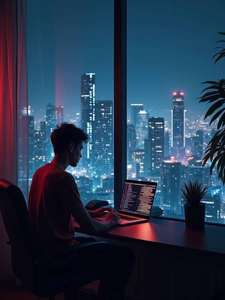 Cyberpunk Programmer in Neon Lit Cityscape
