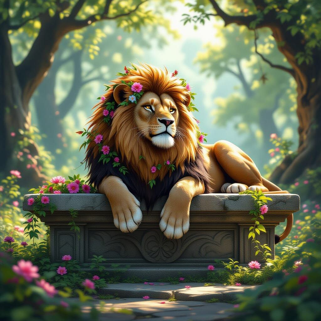 Lion King with Flower Mane in Enchanted Forest