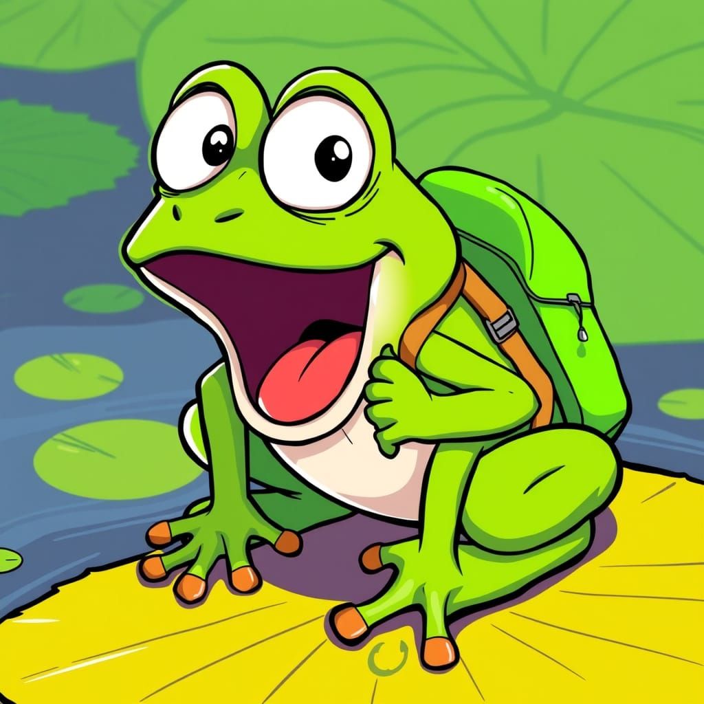 Shocked Cartoon Frog on Lily Pad, Comic Art
