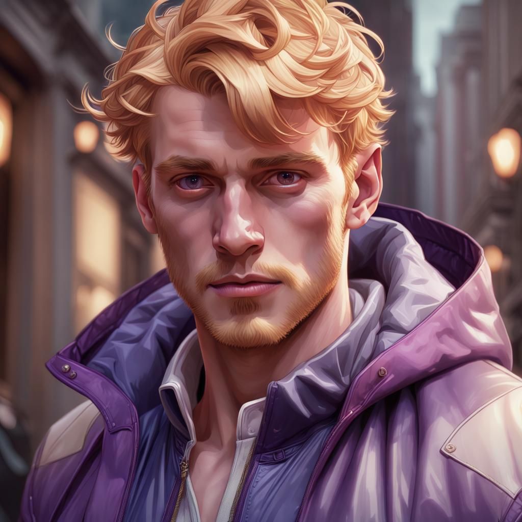 Strawberry Blonde Man in Purple Jacket, Detailed Portrait